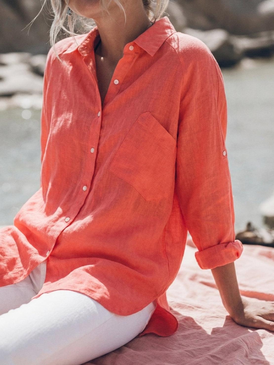 Oversized 100% cotton linen shirt with relaxed fit, dropped shoulders, and back pleat detail