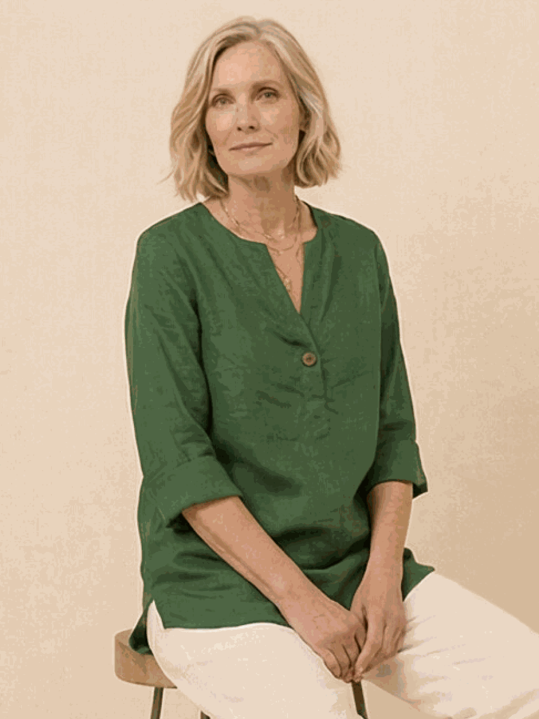 white pure linen age-defying shirt with button detail on hanger