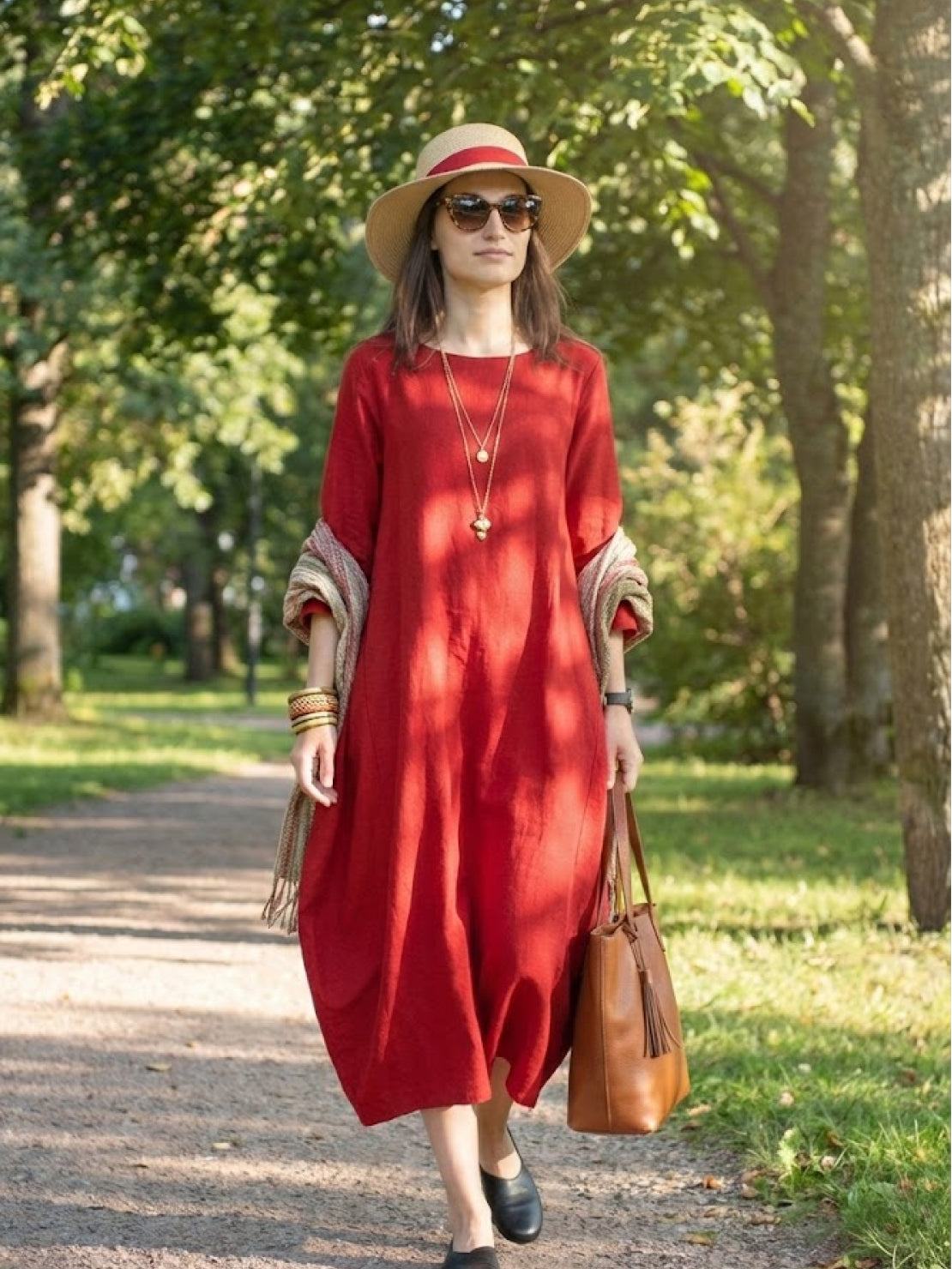 Bohemian maxi dress in loose fit, long sleeves, cotton-polyester blend, floor-length style