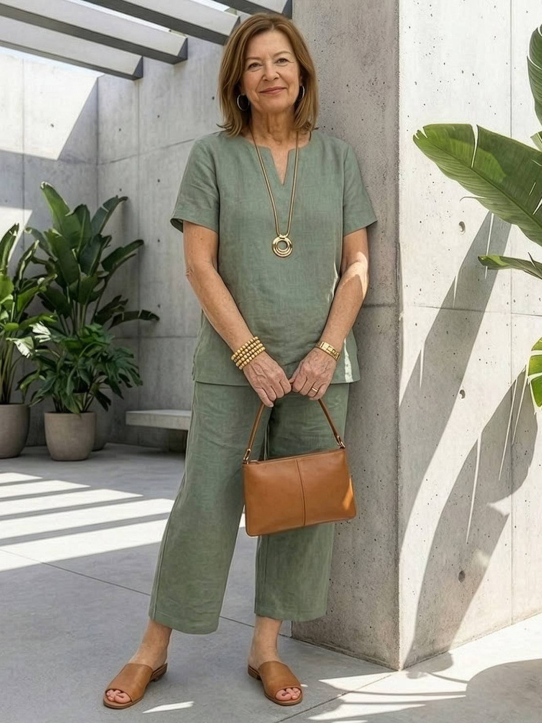 Woman wearing breezy cotton blend two-piece set with short-sleeve top and elastic waist pants