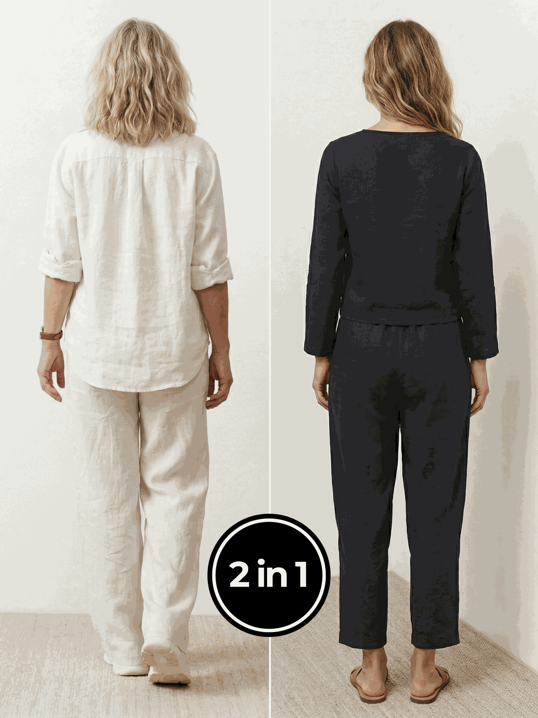Two women wearing breathable cotton and linen two-piece casual chic duo outfits, standing confidently indoors