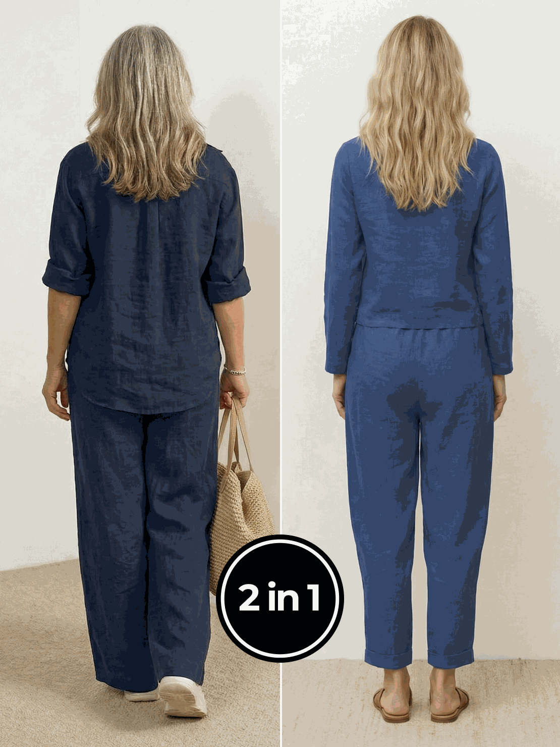 Two women modeling Casual Chic Duo breathable cotton and linen two-piece sets for effortless style and comfort