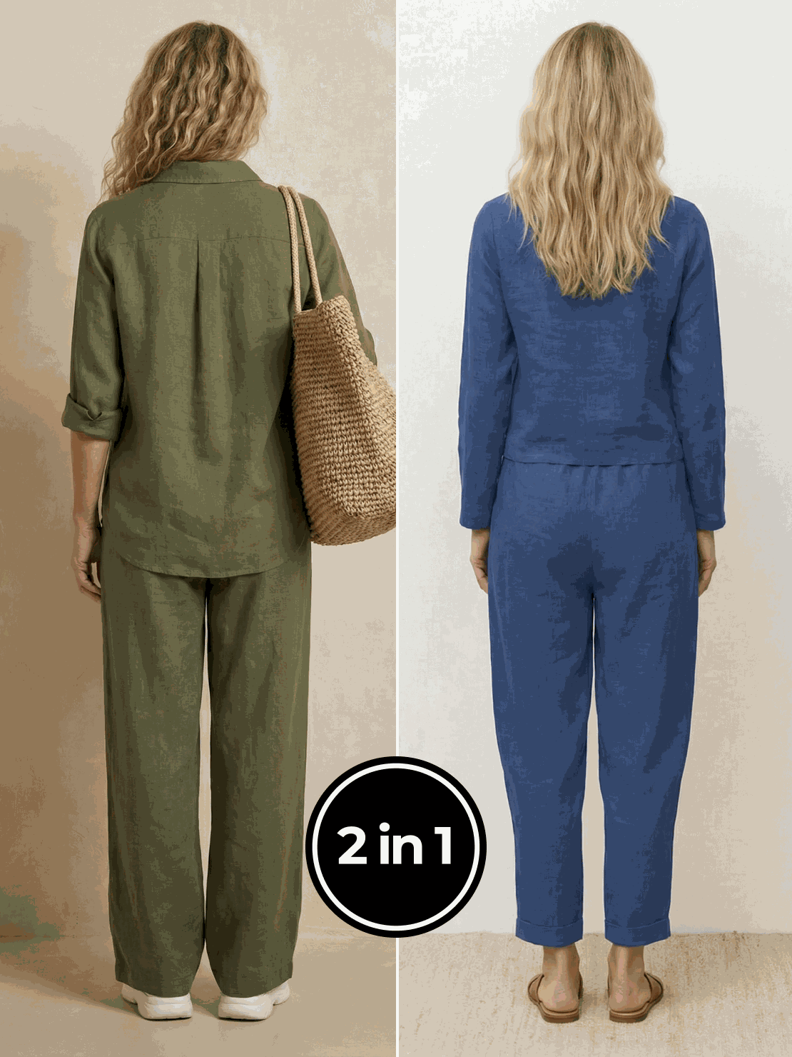 Two women modeling casual chic duo breathable cotton and linen two-piece sets for effortless, mix-and-match style