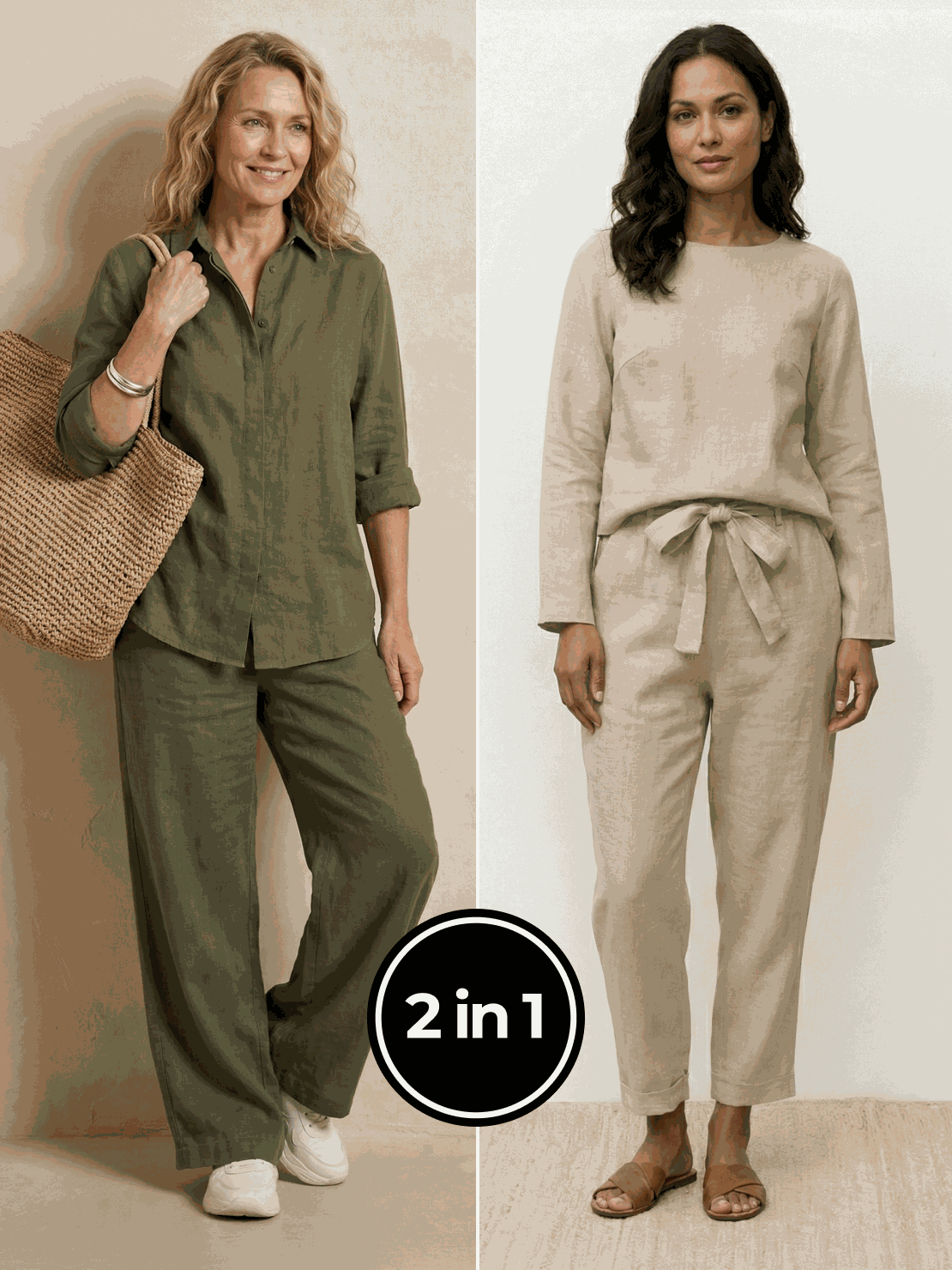 Two women modeling casual chic duo breathable natural fabric two-piece outfits in cotton and linen blends