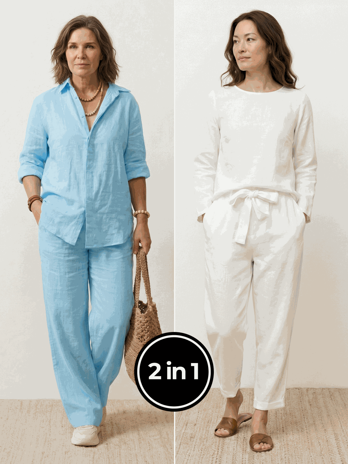 Two women wearing breathable natural fabric casual chic duo outfits with mix and match two-piece sets