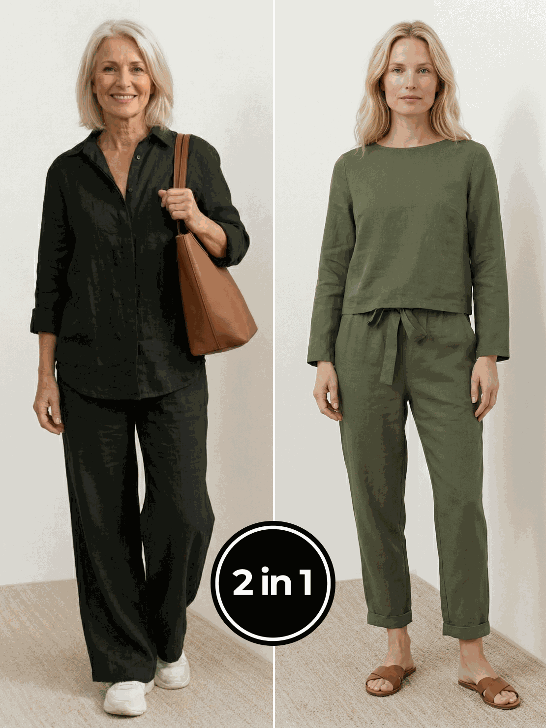 Two women modeling breathable casual chic duo outfits with relaxed cotton and linen two-piece sets in monochrome tones.