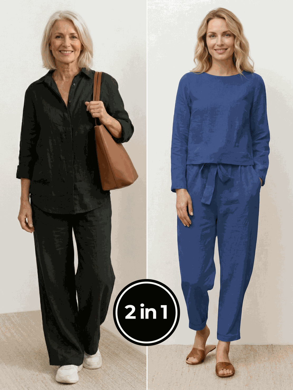Two women modeling breathable cotton and linen casual chic duo outfits, featuring mix-and-match relaxed shirt and trousers sets