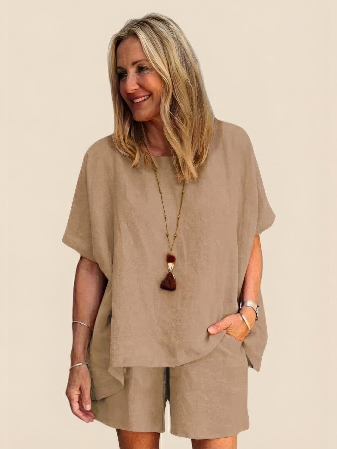 Comfy linen-like shirt and shorts two-piece set for breathable, versatile summer wear