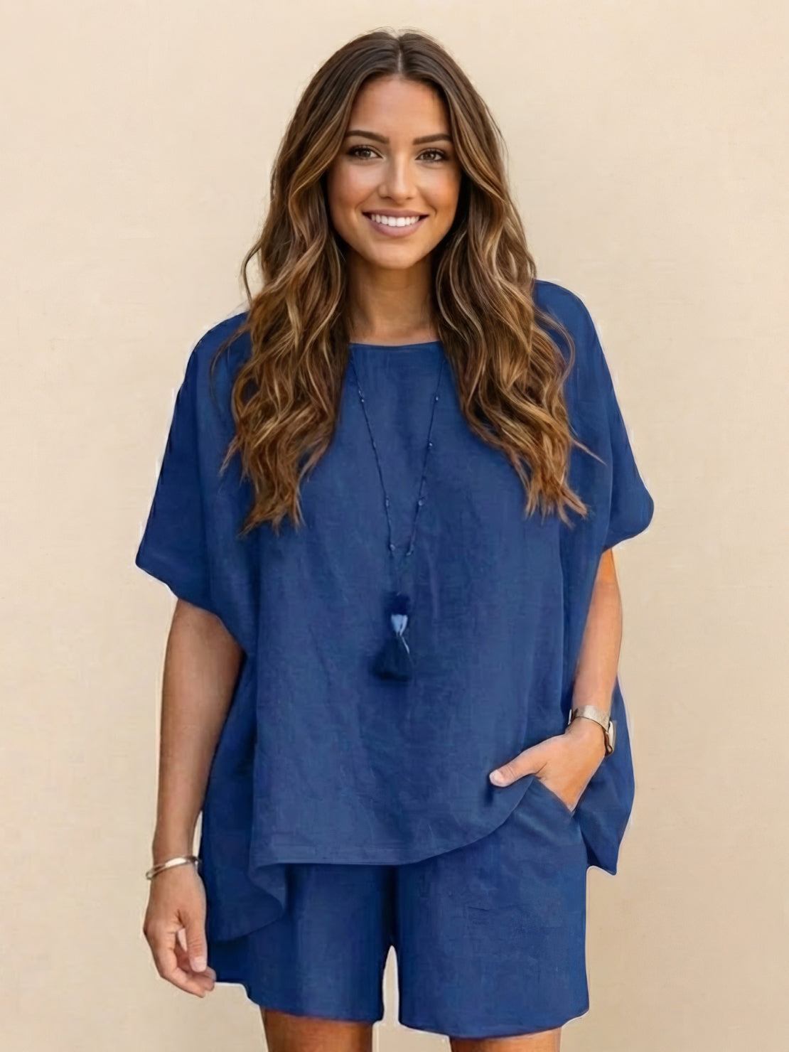 Comfy linen-like shirt and shorts two-piece set for breathable, stylish summer wear