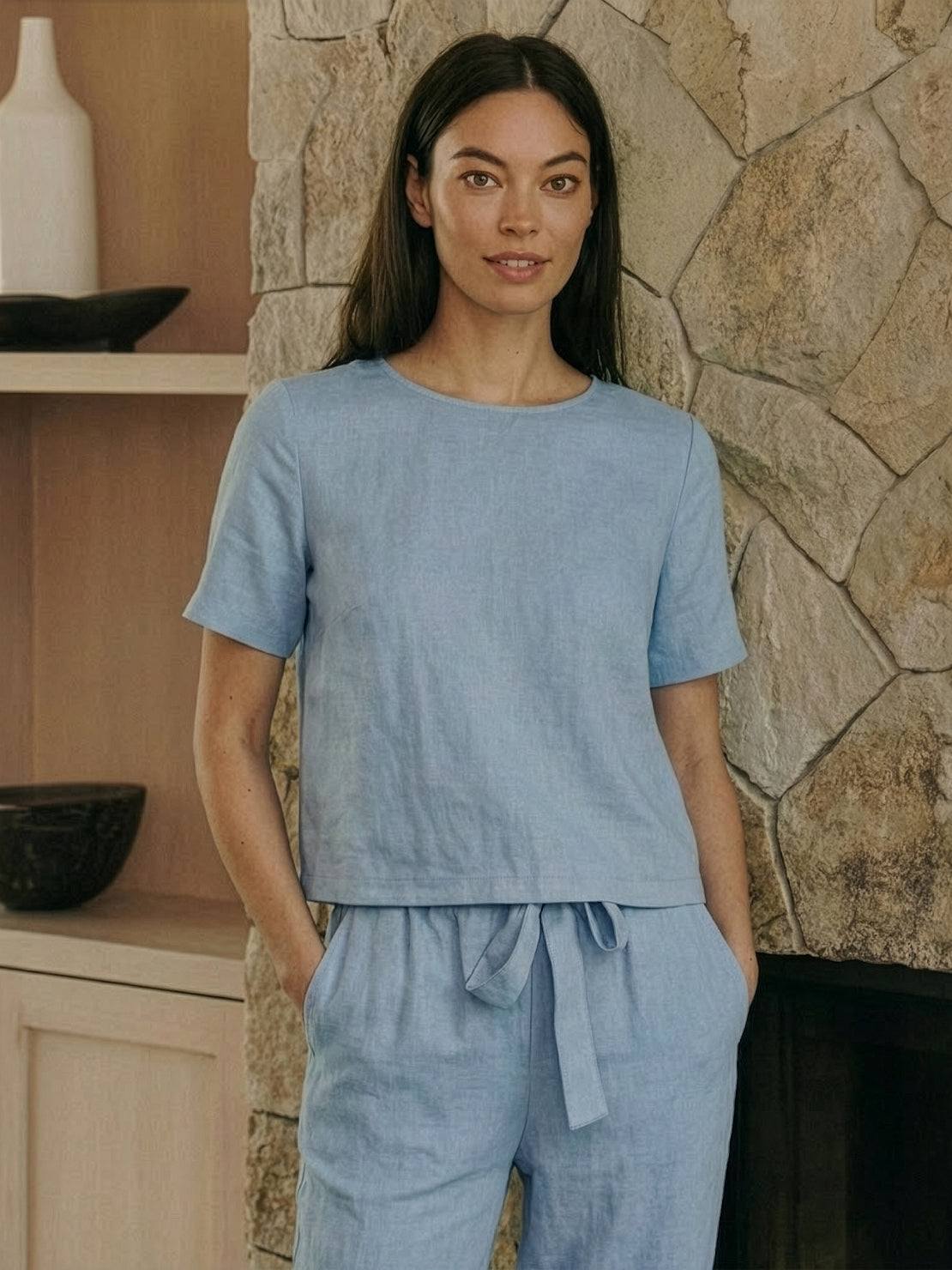 Cotton-linen blend monochrome two-piece set with breathable fabric and relaxed fit