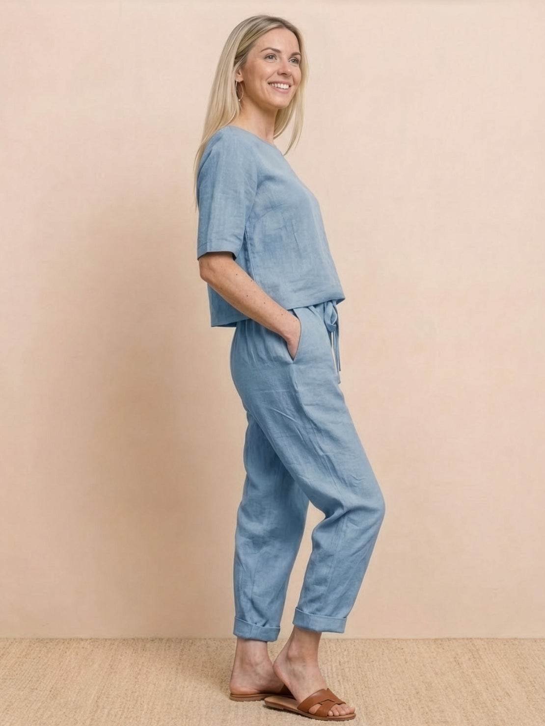 Cotton-linen blend monochrome two-piece set with breathable, soft fabric and relaxed fit