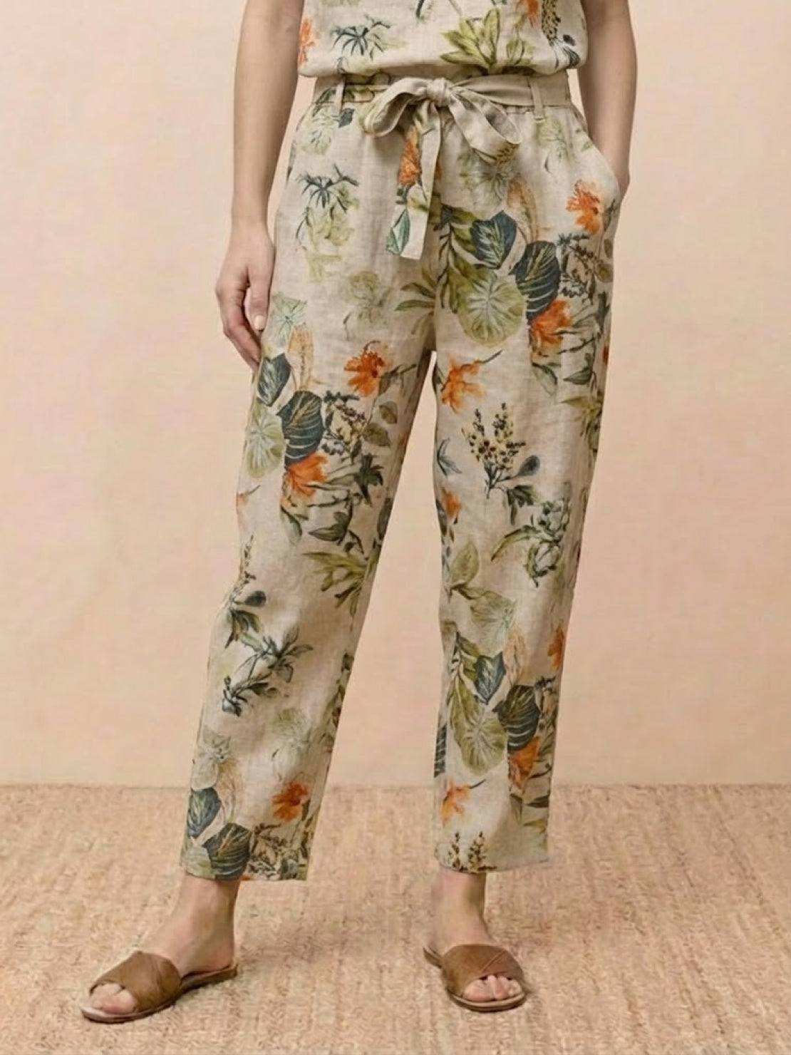Cotton linen monochrome straight-leg pants with adjustable drawstring waist and natural texture