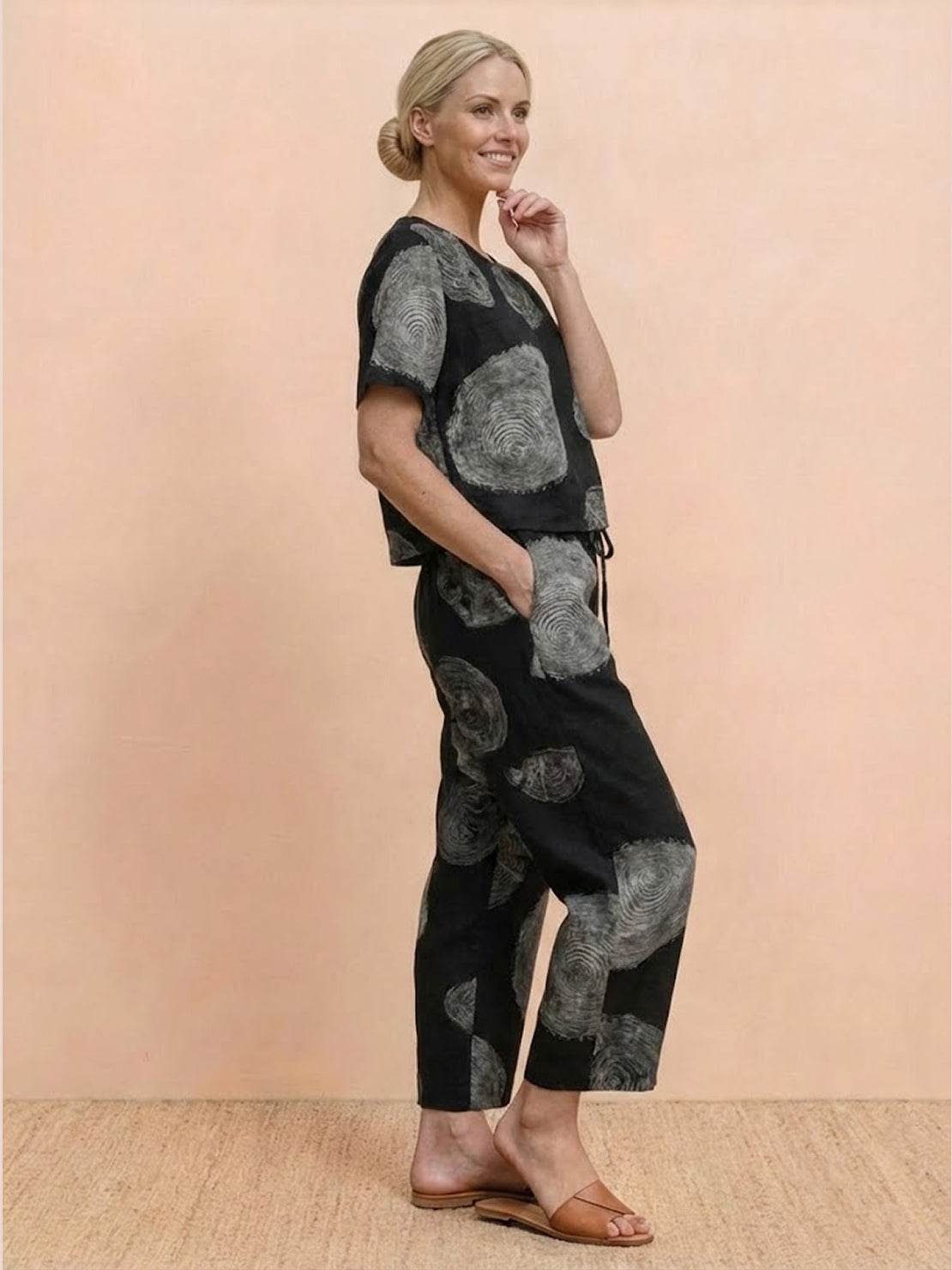 Cotton-linen blend monochrome two-piece set with relaxed fit and breathable natural fabric