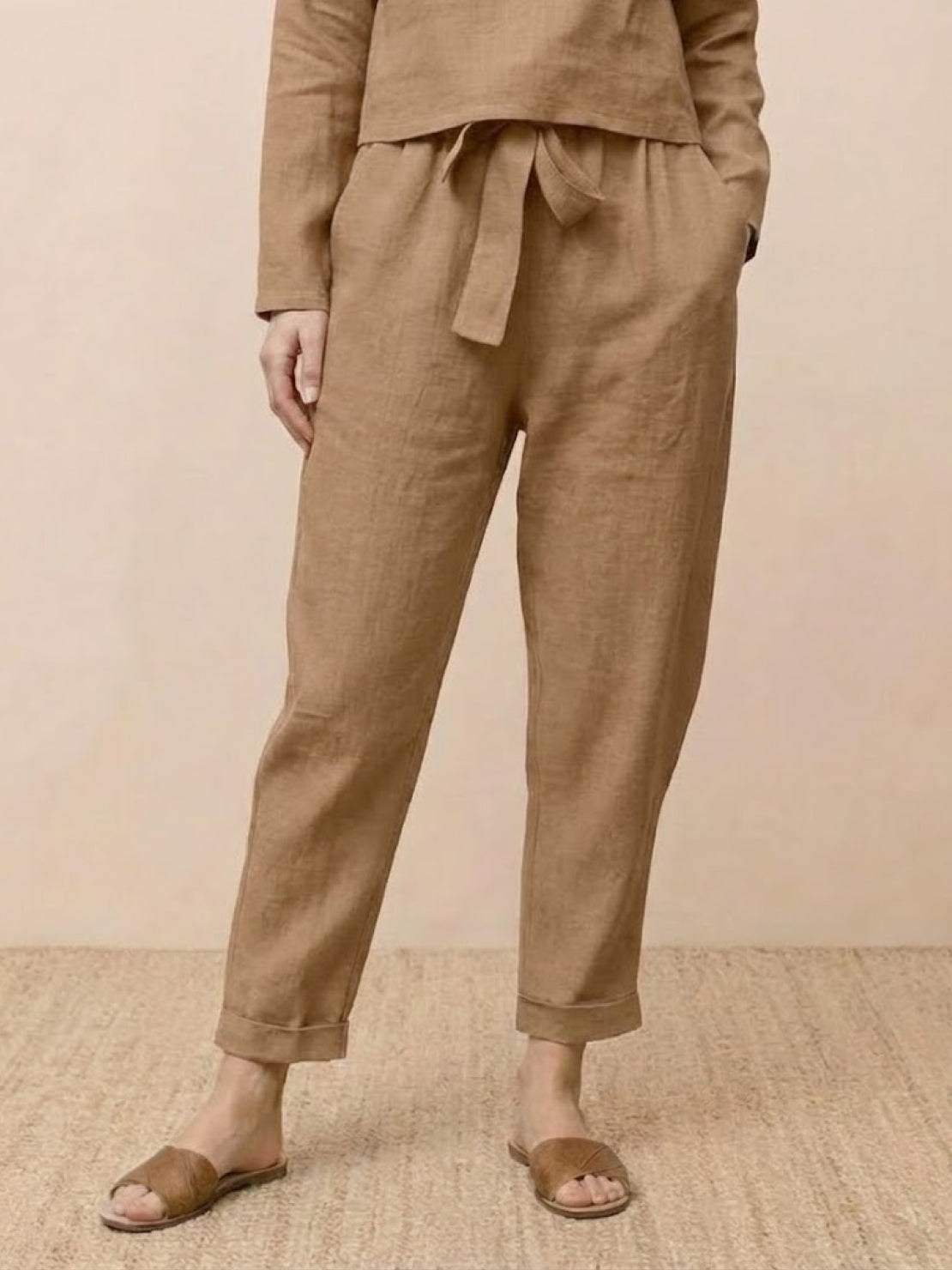 cotton-linen monochrome capsule set with relaxed longline top and wide-leg pants in neutral tones