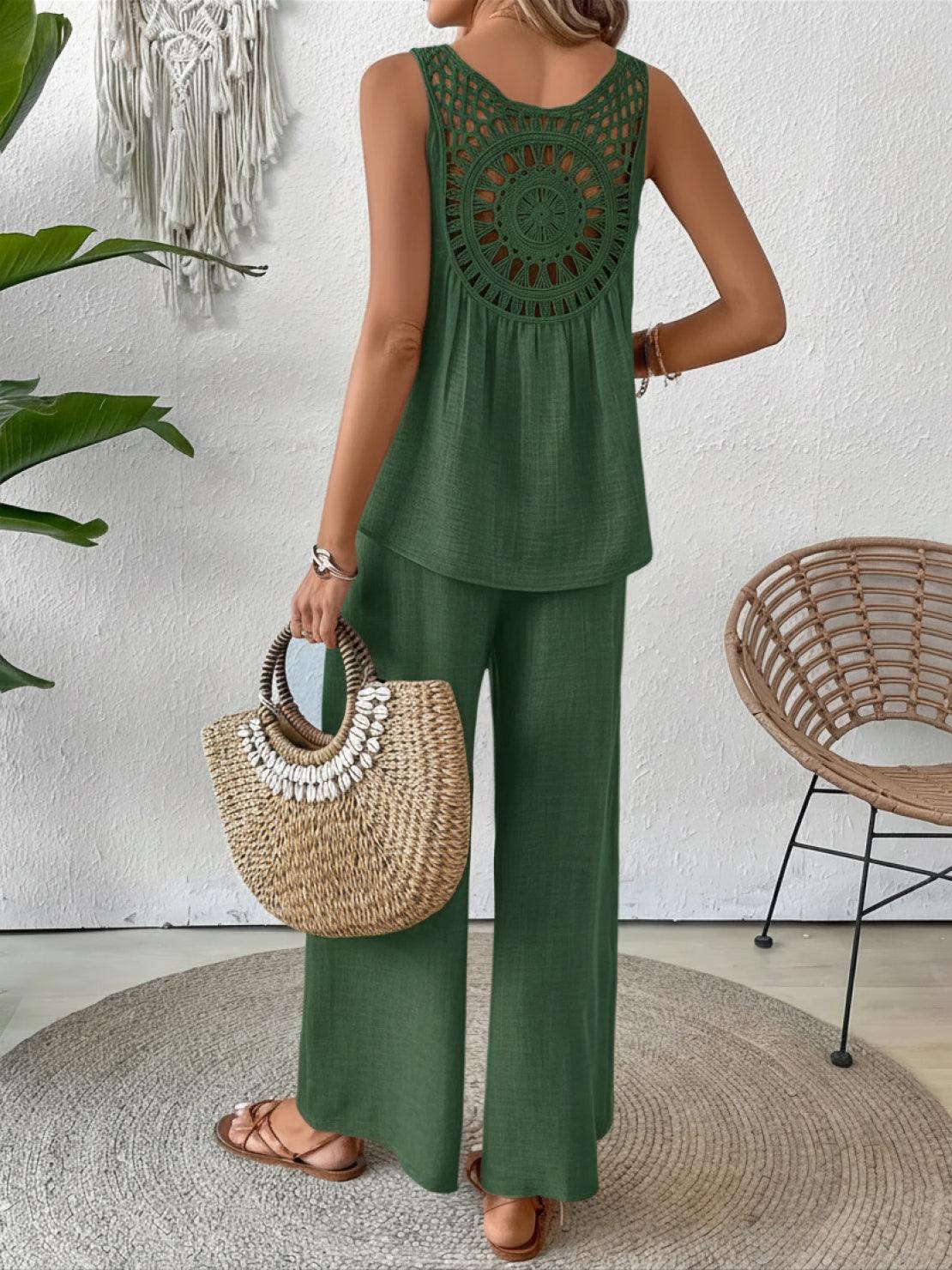 Dreamcatcher Crochet-Back two-piece set with sleeveless top and wide-leg pants in linen-look fabric