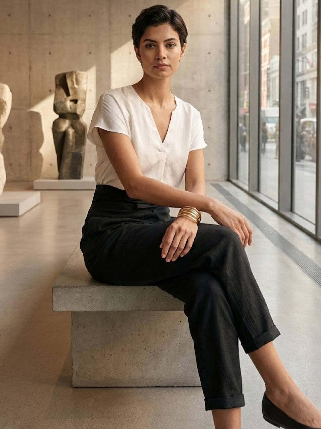 Woman wearing black high-waist wrapped comfy pants with loose fit and side pocket, styled for casual outdoor look