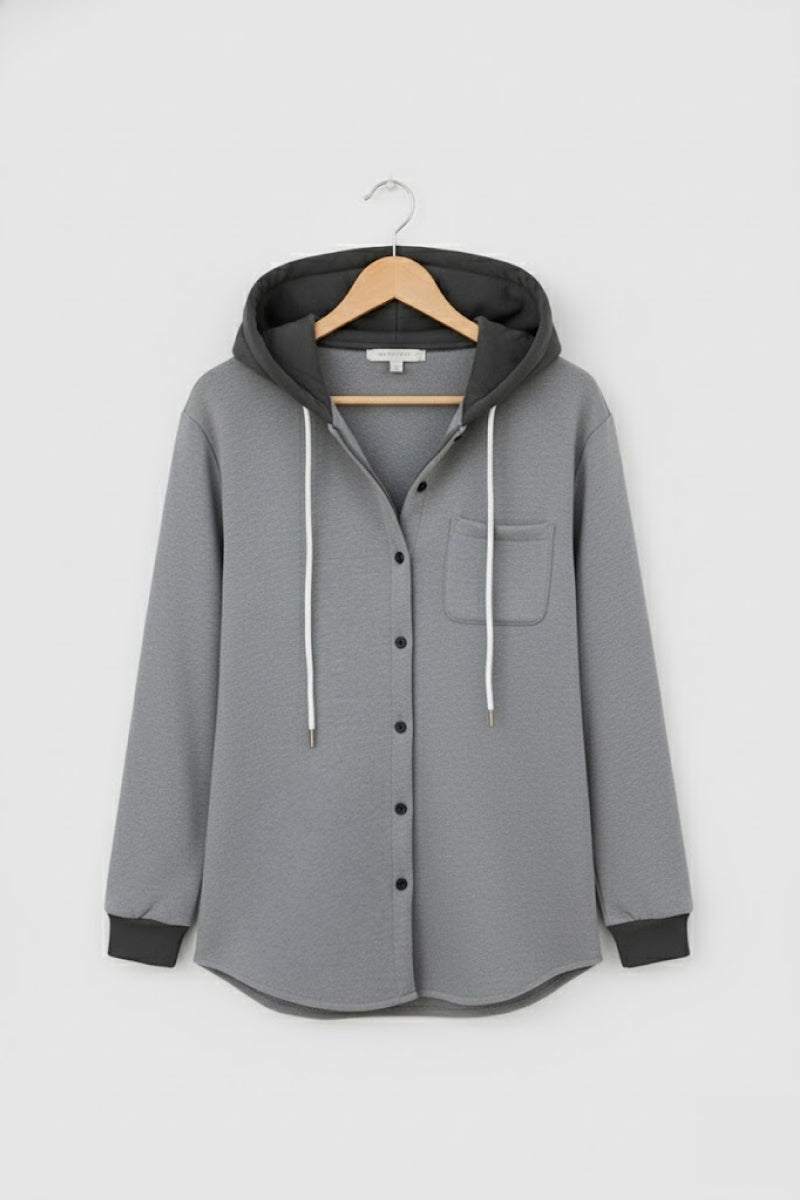 Highland Plaid Shacket gray hooded button-front relaxed fit with front pocket and soft fleece lining.