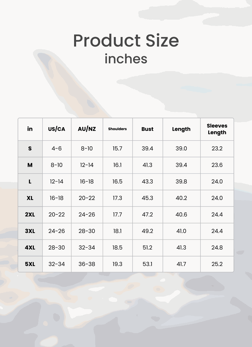 Size chart for oversized long zip sweatshirt hoodie with measurements in inches for shoulders, bust, length, and sleeves length across sizes S to 5XL
