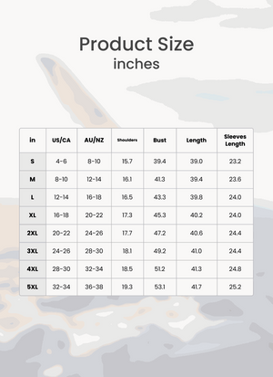 Size chart for oversized long zip sweatshirt hoodie with measurements in inches for shoulders, bust, length, and sleeves length across sizes S to 5XL