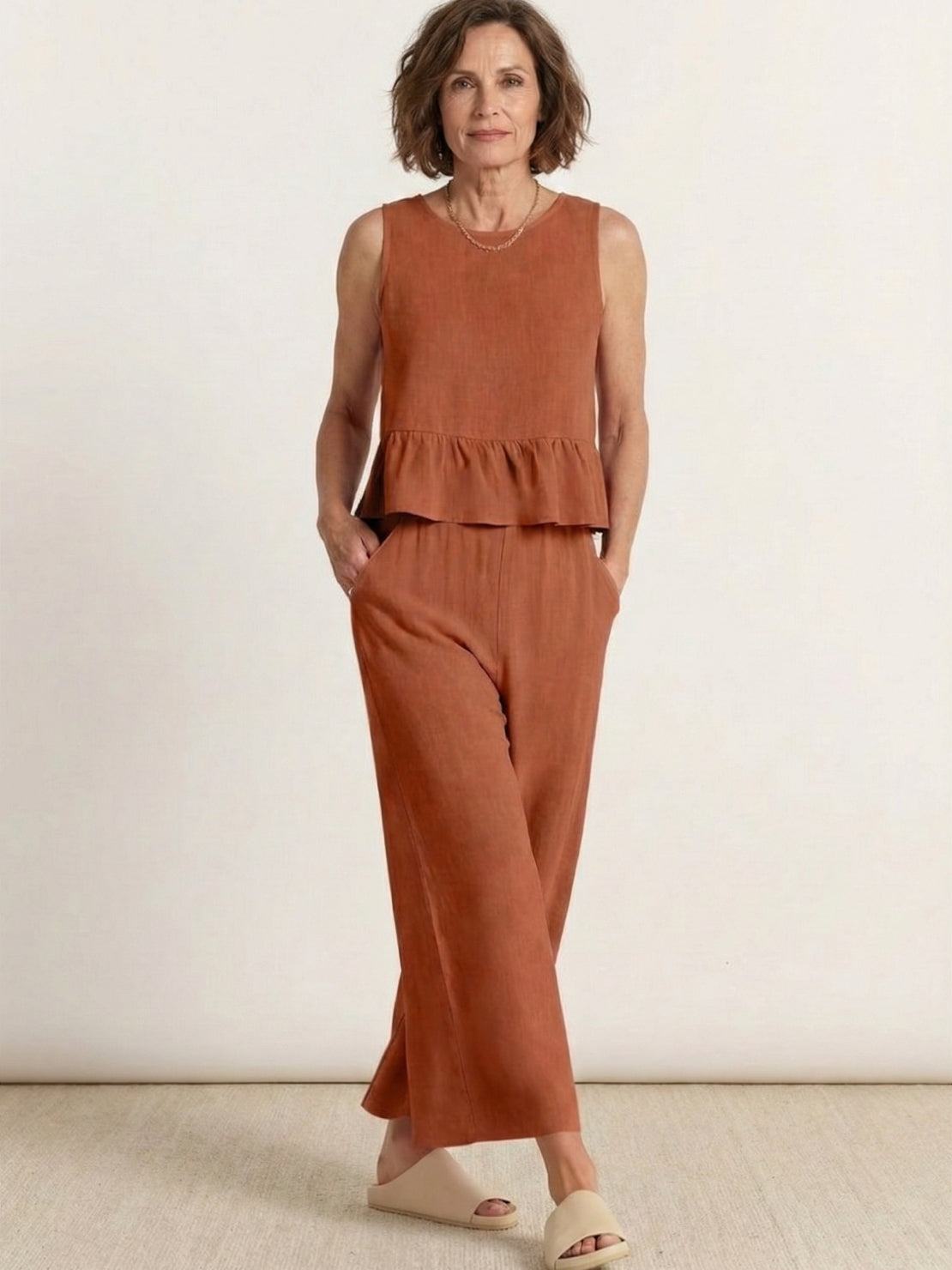 Lightweight linen-like feel two-piece women's travel set in soft breathable fabric