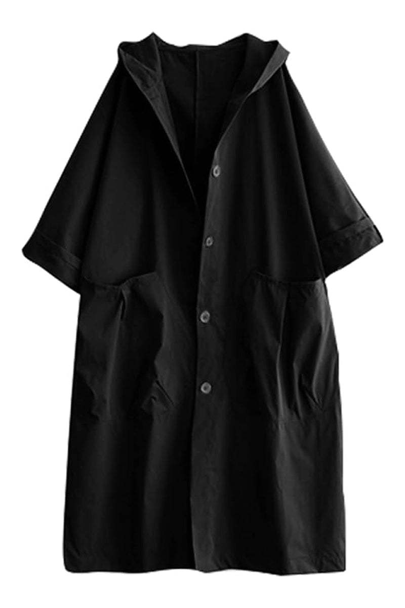 Black oversized water resistant windbreaker jacket with hood and snap-button closure