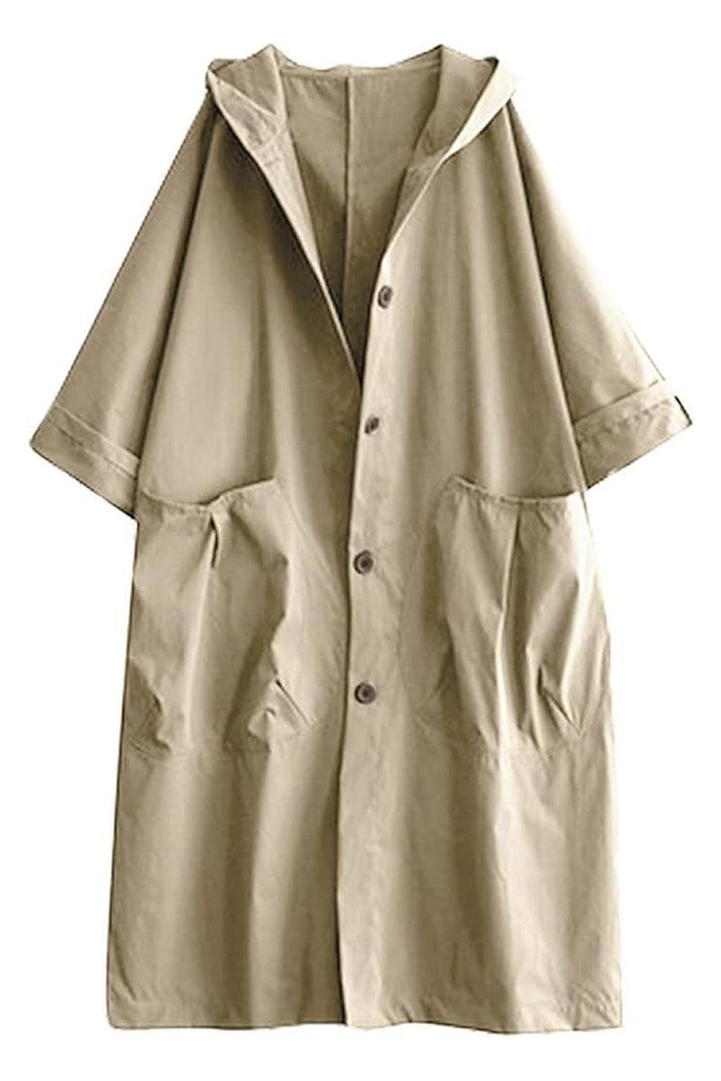 Beige oversized water resistant windbreaker jacket with hood and snap-button closure