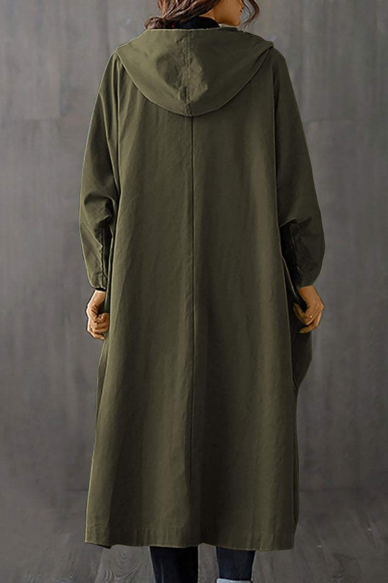 olive green oversized water resistant windbreaker jacket with hood, longline design, and relaxed fit back view