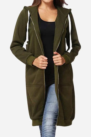 Women wearing olive green oversized long zip sweatshirt hoodie with fleece lining and front pockets