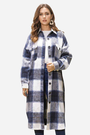 Oversized medium-length blue plaid wool-blend overshirt jacket with relaxed fit and button closure