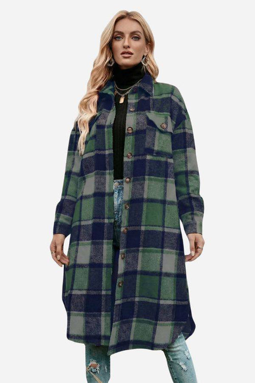 Oversized medium-length blue and green plaid wool-blend shirt jacket with relaxed fit and front pockets