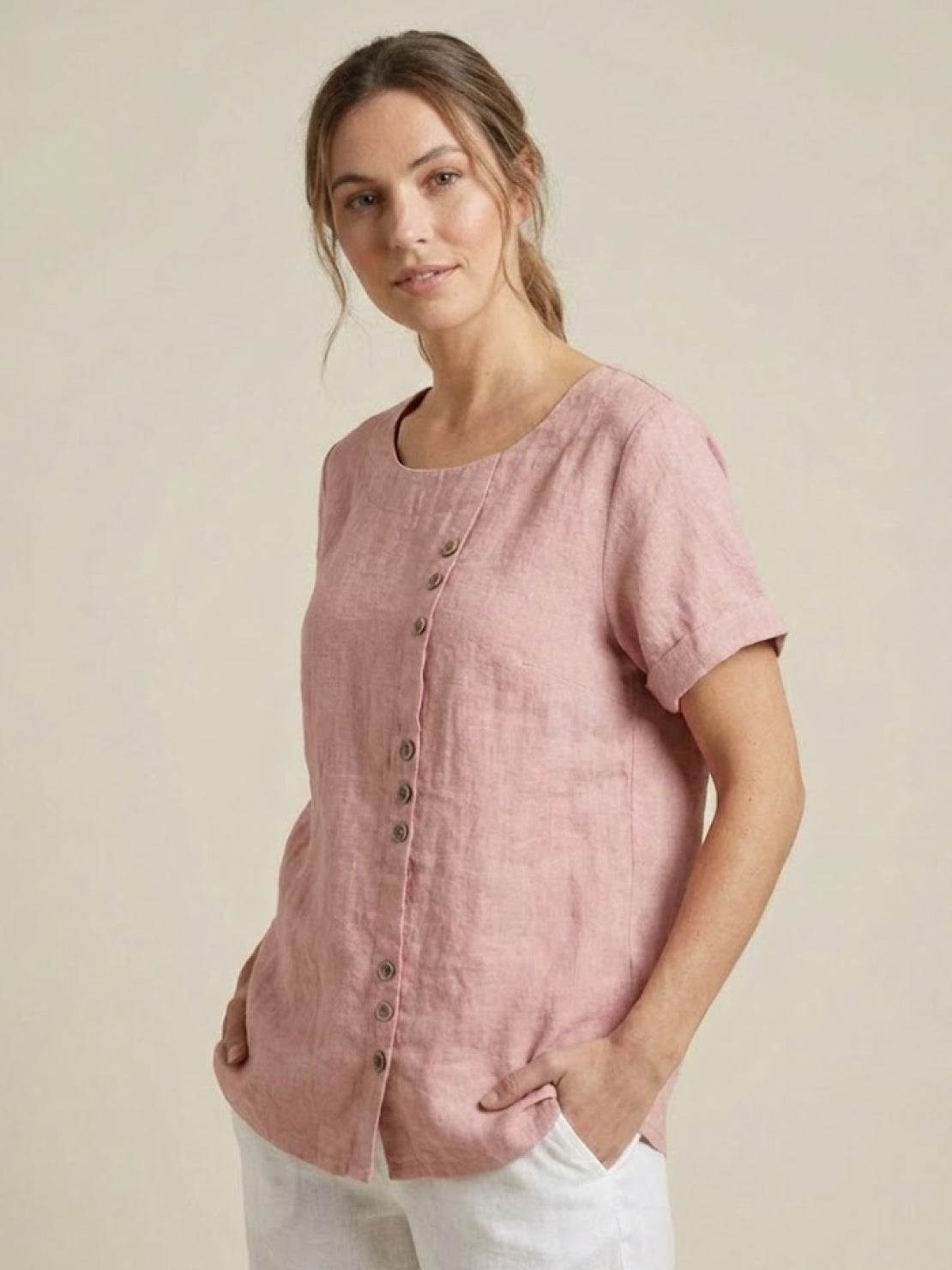Relaxed Fit Linen Button-Up Tee in breathable cotton and linen with button detail and loose fit for comfort