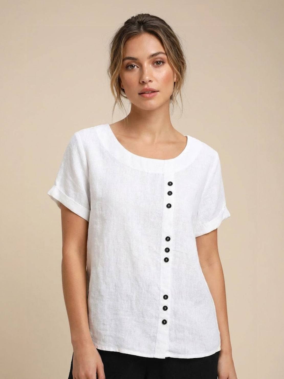 Relaxed Fit Linen Button-Up Tee with breathable cotton, short sleeves, round neck, and stylish button detail for comfortable, loose fit.