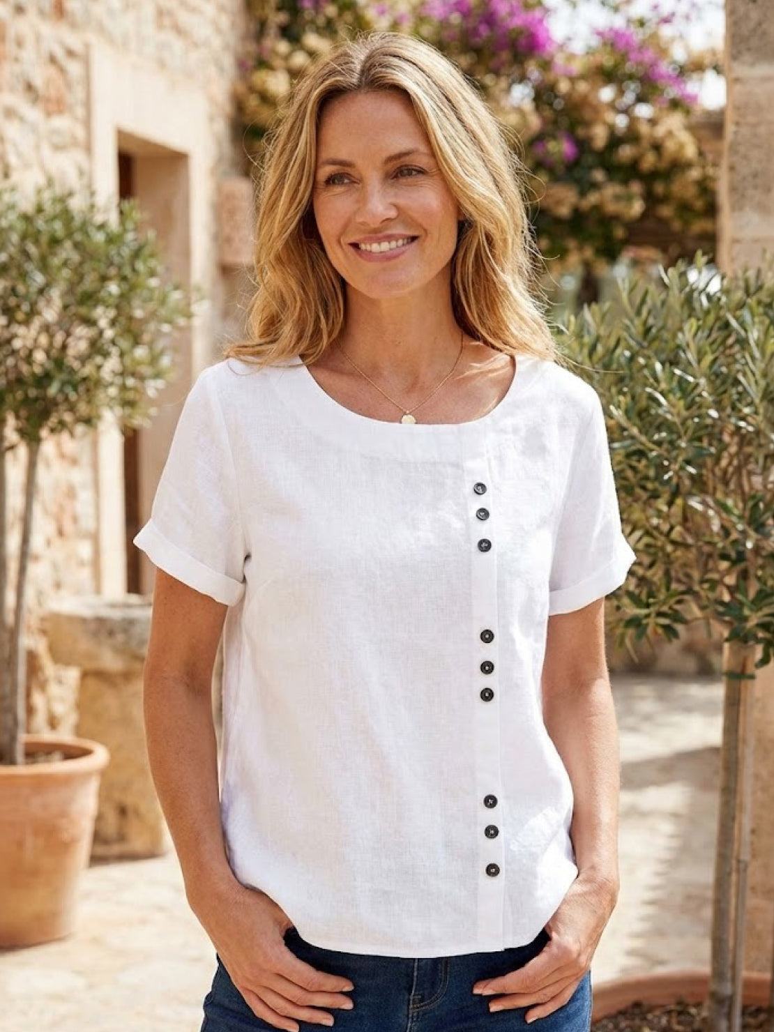 Relaxed Fit Linen Button-Up Tee in breathable cotton-linen blend with short sleeves and button detail