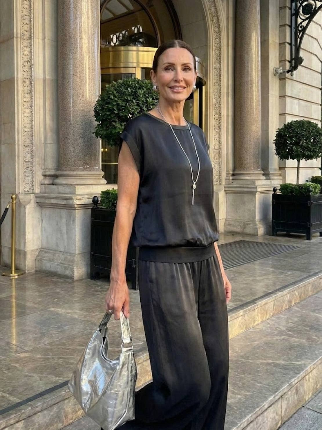 Silken Escape Satin Two-Piece Set with flowing top and wide-leg pants in silky fabric