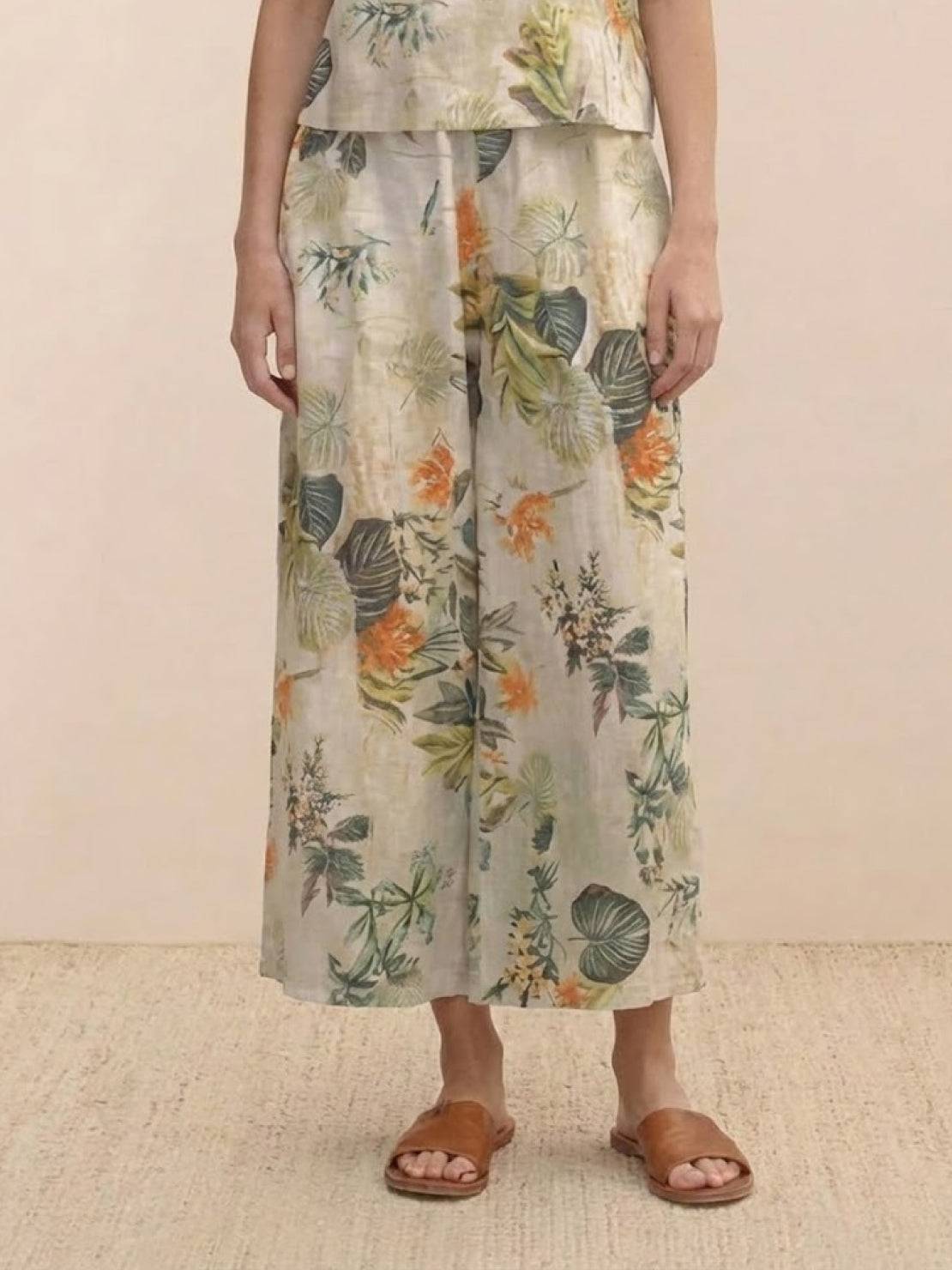 Floral loose fit co-ord set with wide-leg trousers and elastic waistband, lightweight and breathable linen-cotton blend.