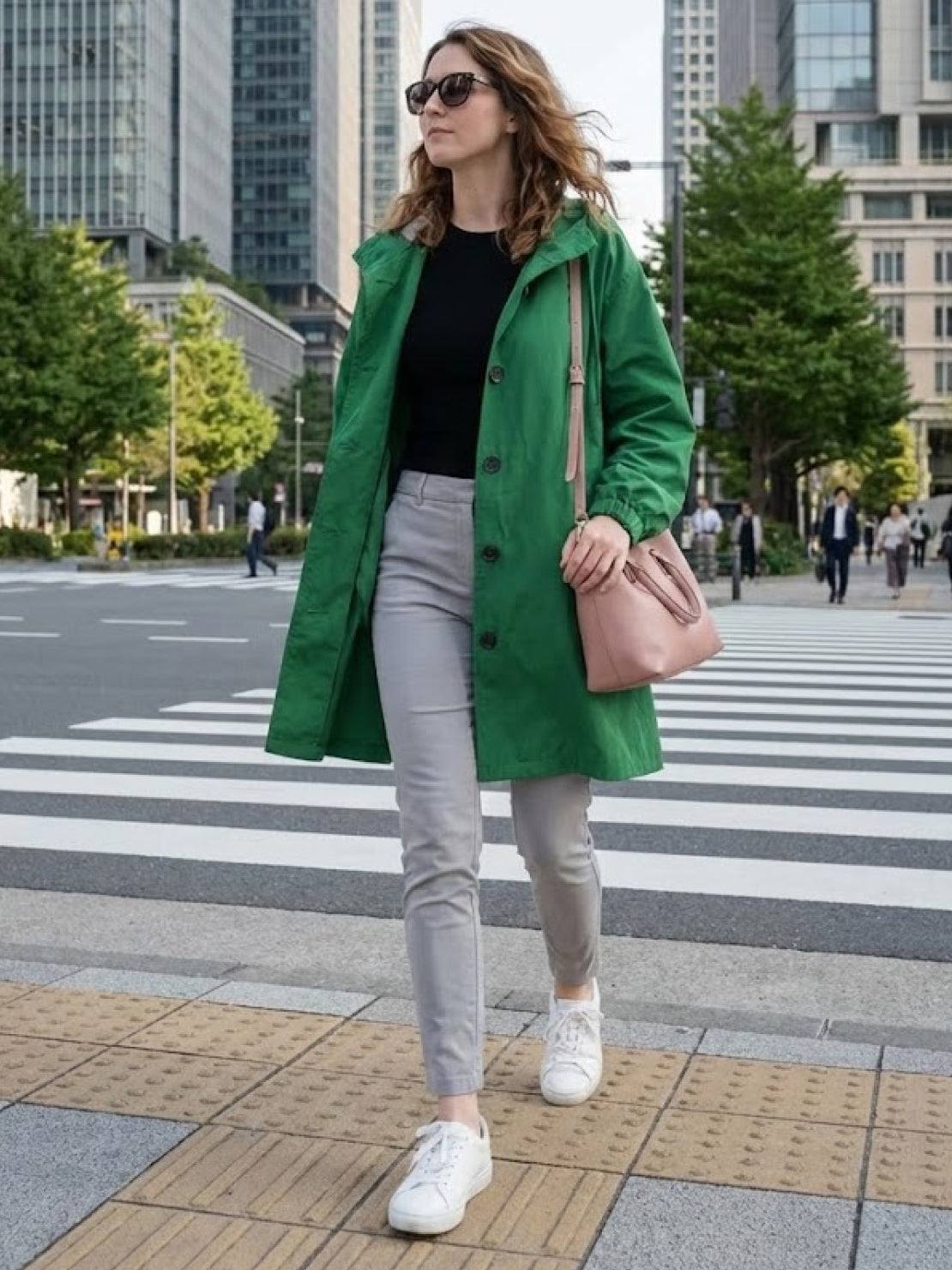 Woman wearing green oversized Rain Couture Windbreaker with hood, black top, gray pants, and white sneakers walking in city crosswalk