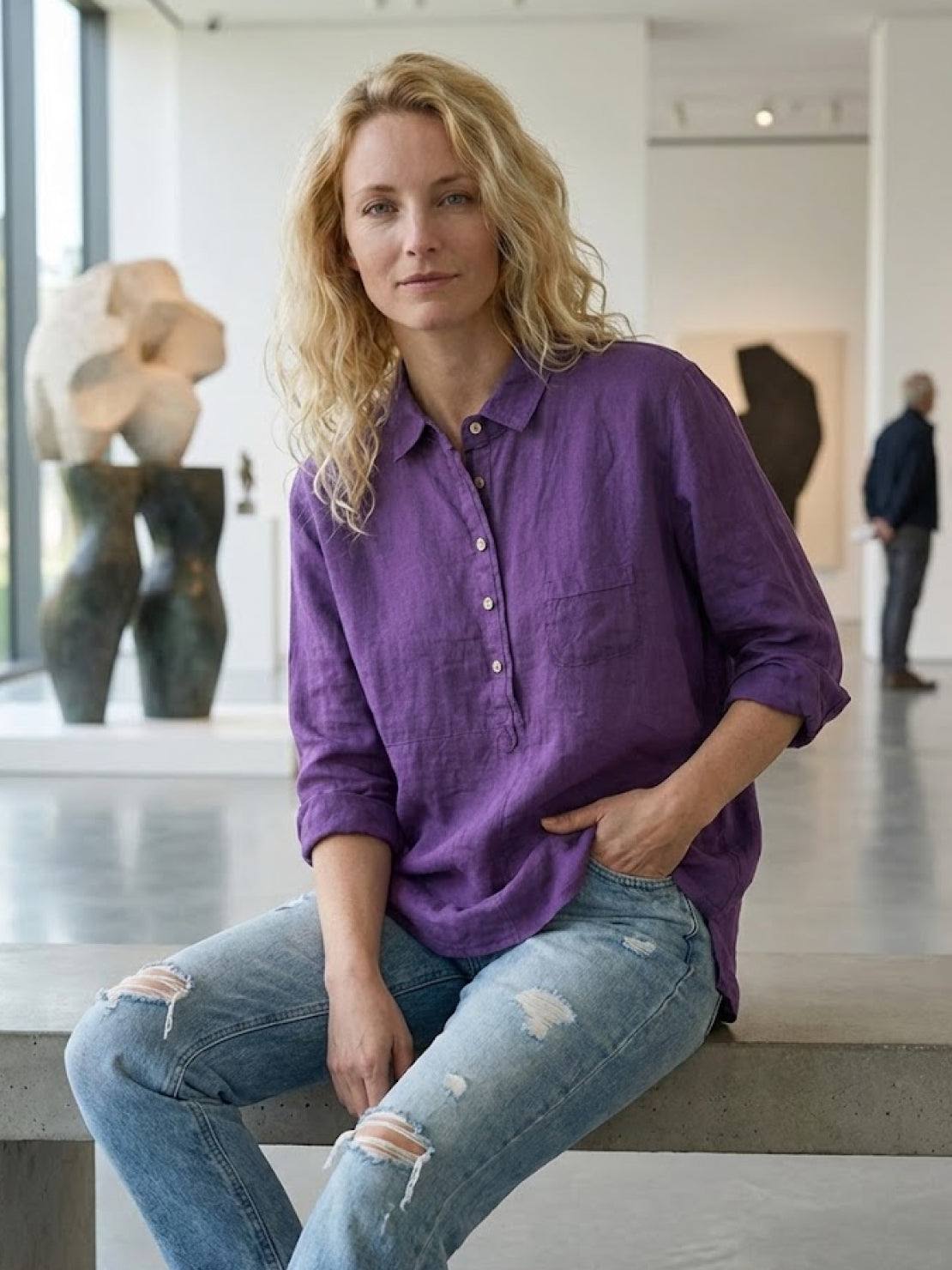 Vintage linen shirt in breathable cotton-linen blend, perfect for casual chic style and warm weather.