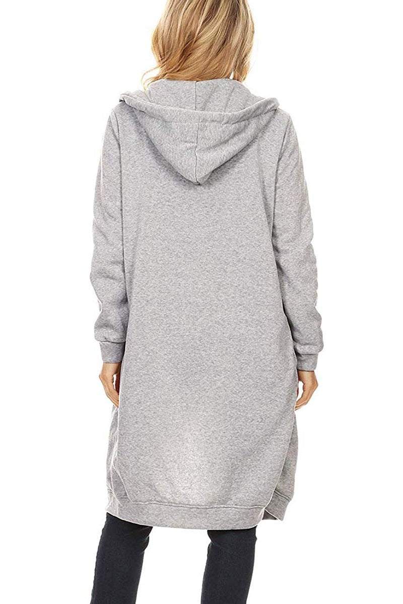 Back view of oversized long zip sweatshirt hoodie in gray with hood and long sleeves.