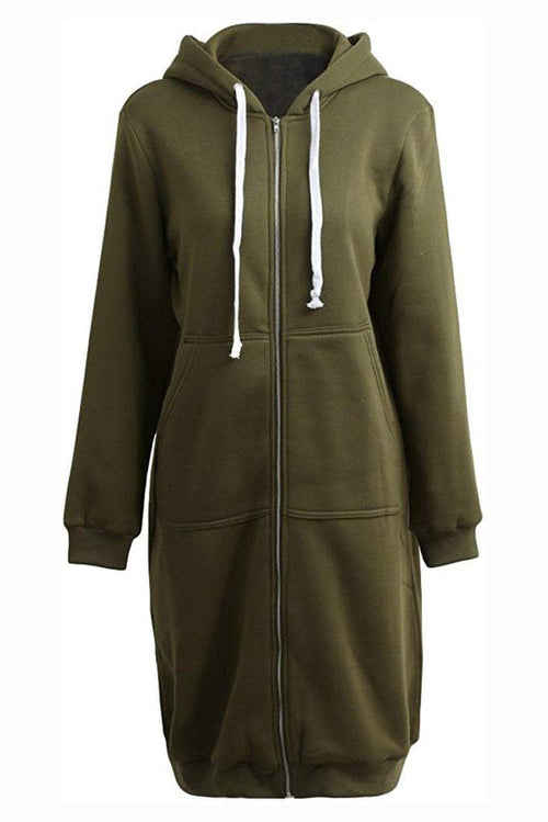 Oversized long zip sweatshirt hoodie in olive green with fleece lining and drawstring hood