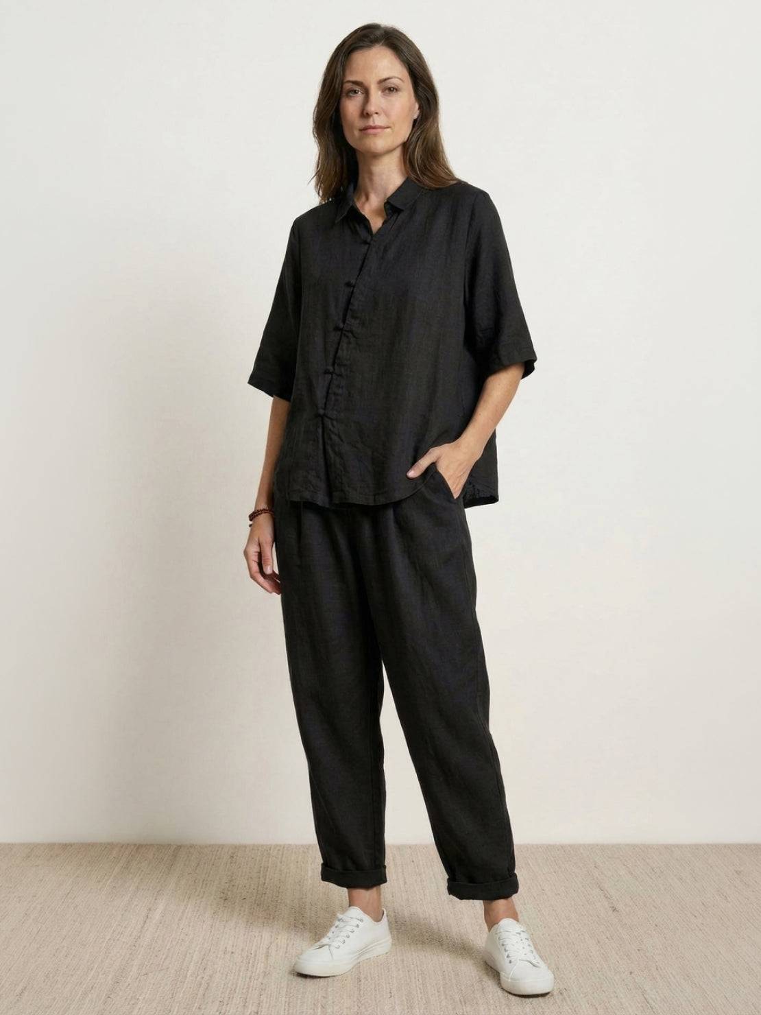 100% cotton artisan two-piece set with oversized button-front shirt and wide-leg pants