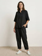 100% cotton artisan two-piece set with oversized button-front shirt and wide-leg pants