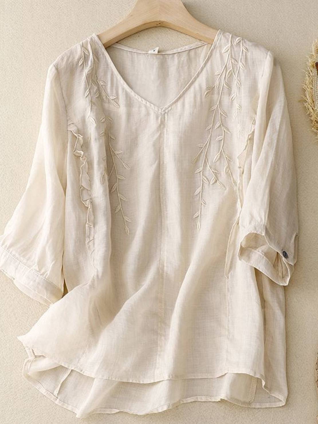 Women’s 100% cotton linen blend golden hour set with embroidered V-neck top and high-waisted wide-leg trousers