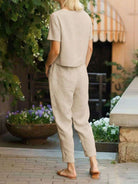 Cotton linen monochrome straight-leg pants with adjustable drawstring waist in breathable cotton-linen blend