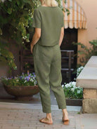 cotton linen monochrome straight-leg pants with adjustable drawstring waist in breathable cotton-linen blend fabric
