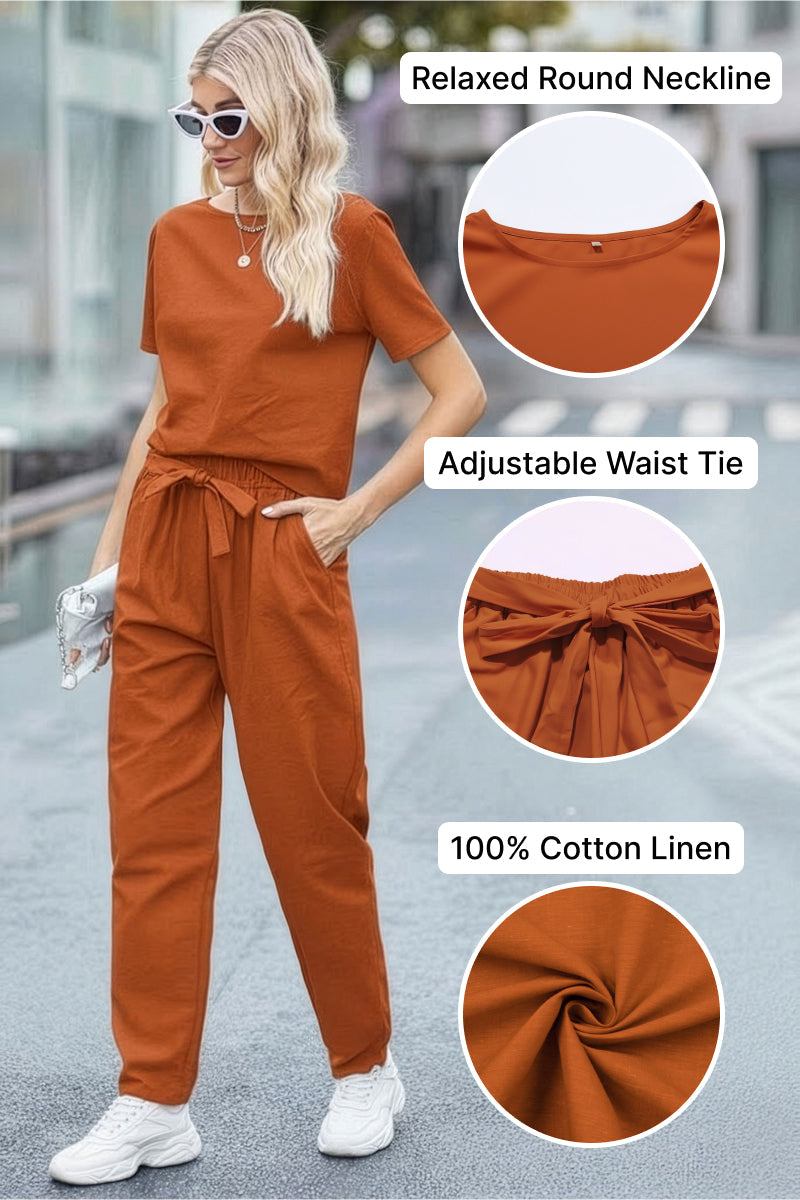 Women's cotton linen set with relaxed round neckline, adjustable waist tie, and breathable fabric in rust color.