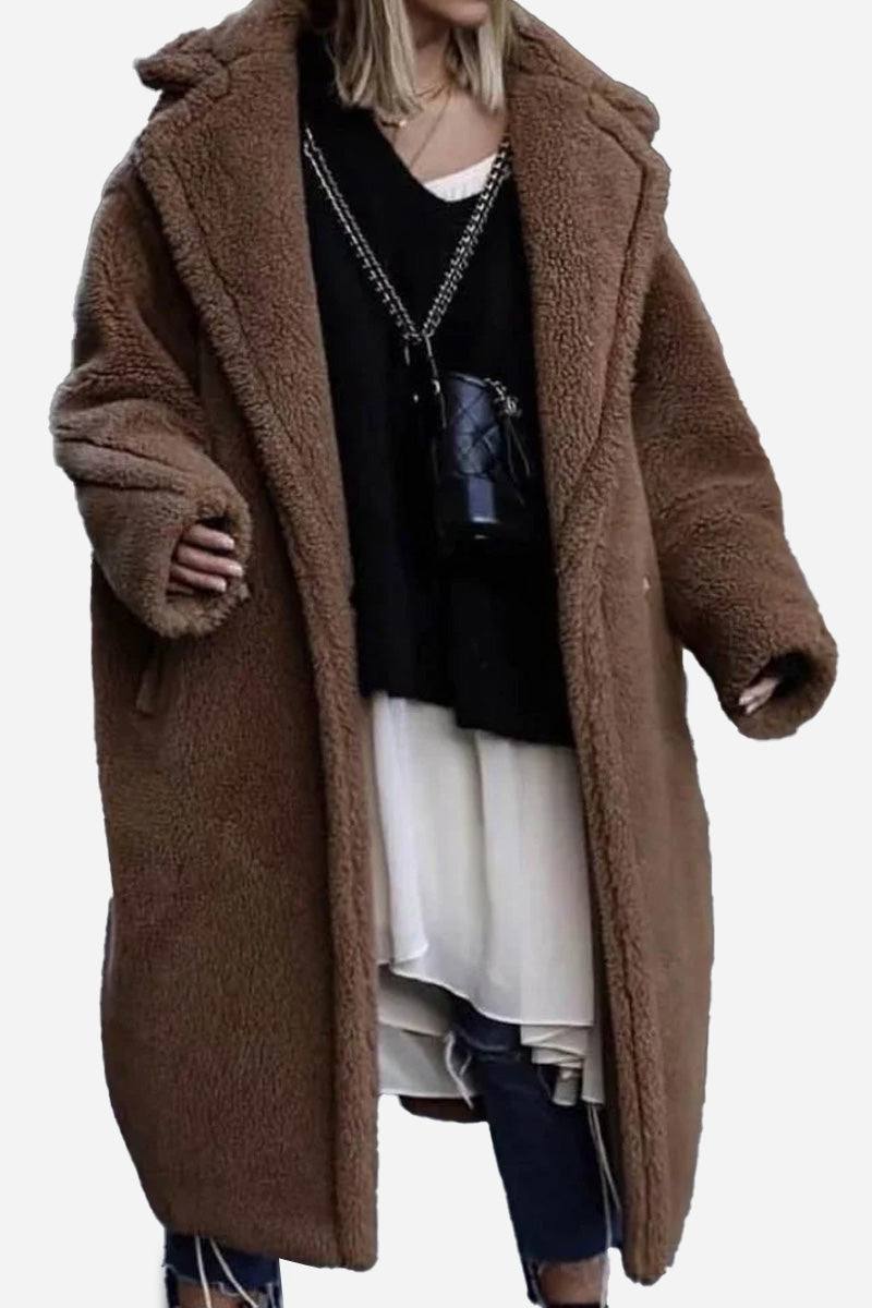 Brown glamour teddy coat with loose fit and lambswool blend fabric