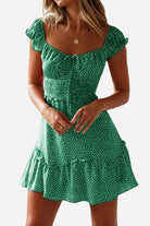 Green sweetheart collar printed ruffled maxi dress with high waist and short sleeves