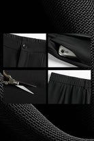 Casual loose wide-leg high-waisted black pants with button, pocket, elastic waistband, and breathable polyester fabric.