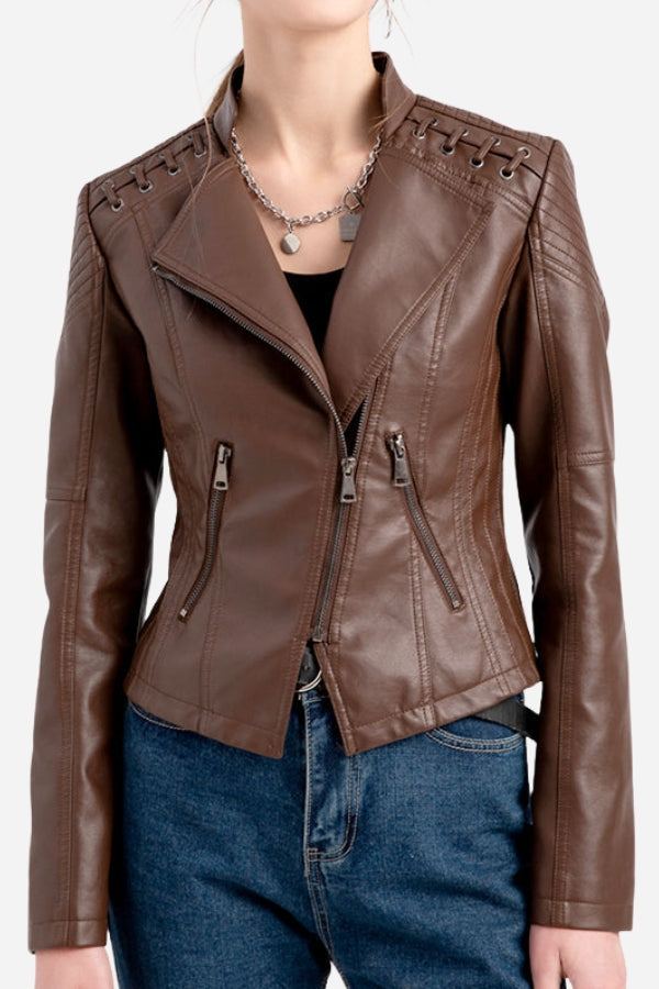 Slim fit brown leather motorcycle jacket with zipper and stylish shoulder details