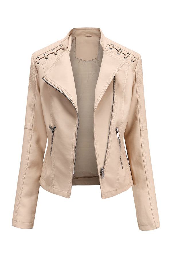 Beige slim fit leather motorcycle jacket with side zipper and textured rope detail